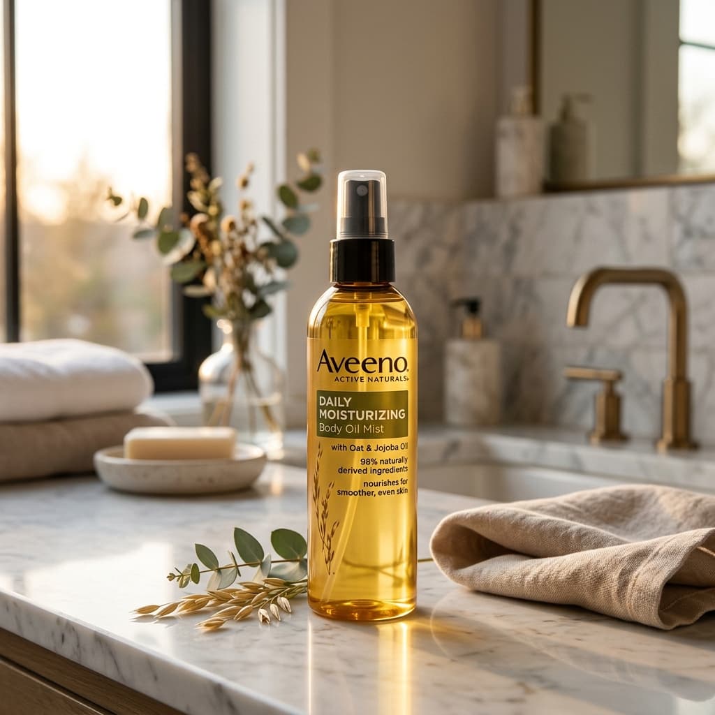 Aveeno Body Oil Mist bottle in a golden hour light