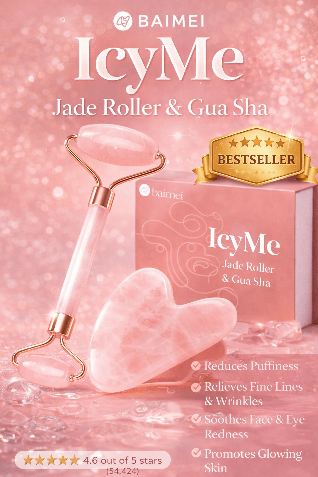 Rose quartz gua sha and roller next to facial oil