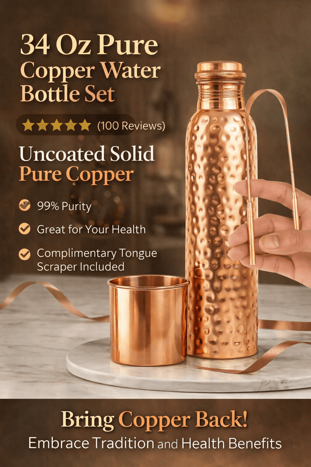 Pure copper water bottle with matching cup