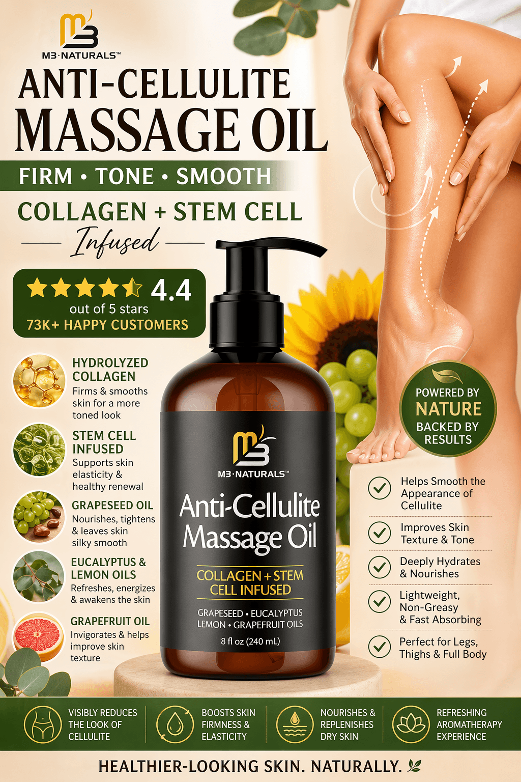 Elegant body oil bottle with golden reflection