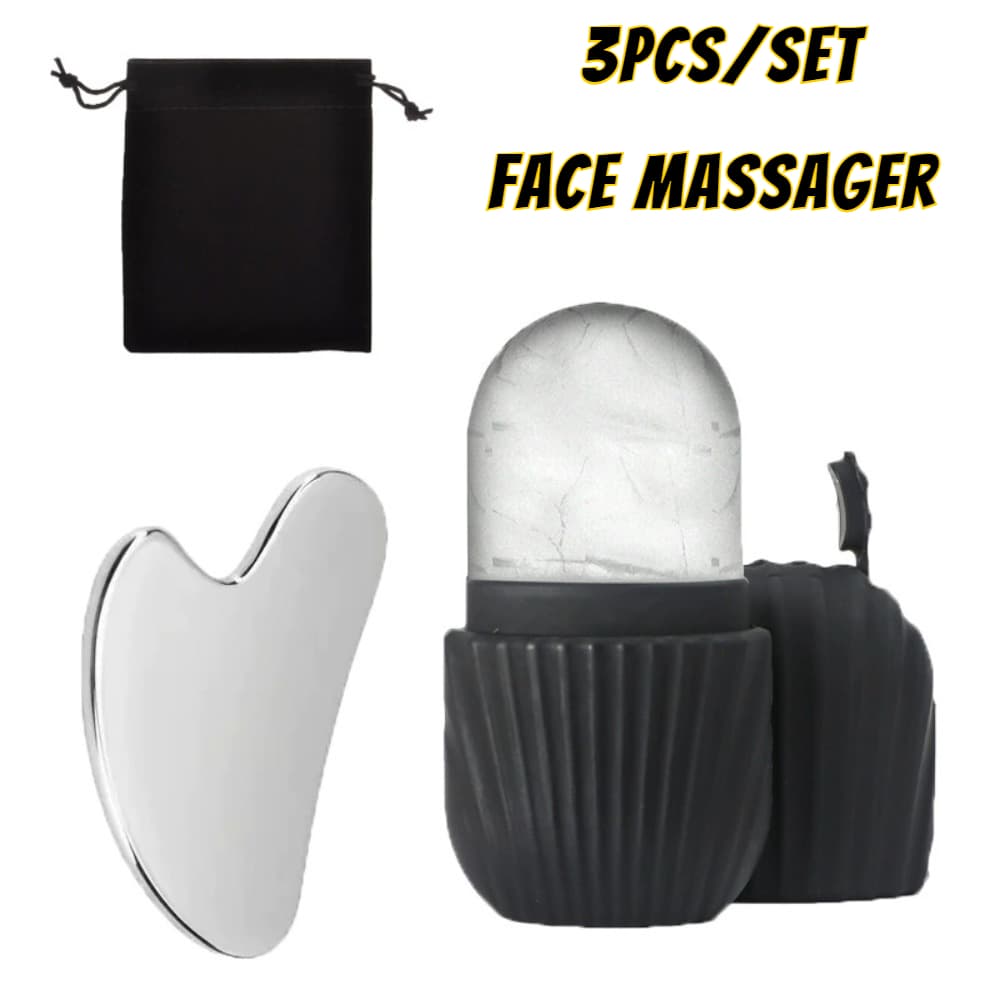 Stainless steel ice face roller and gua sha board set for de-puffing