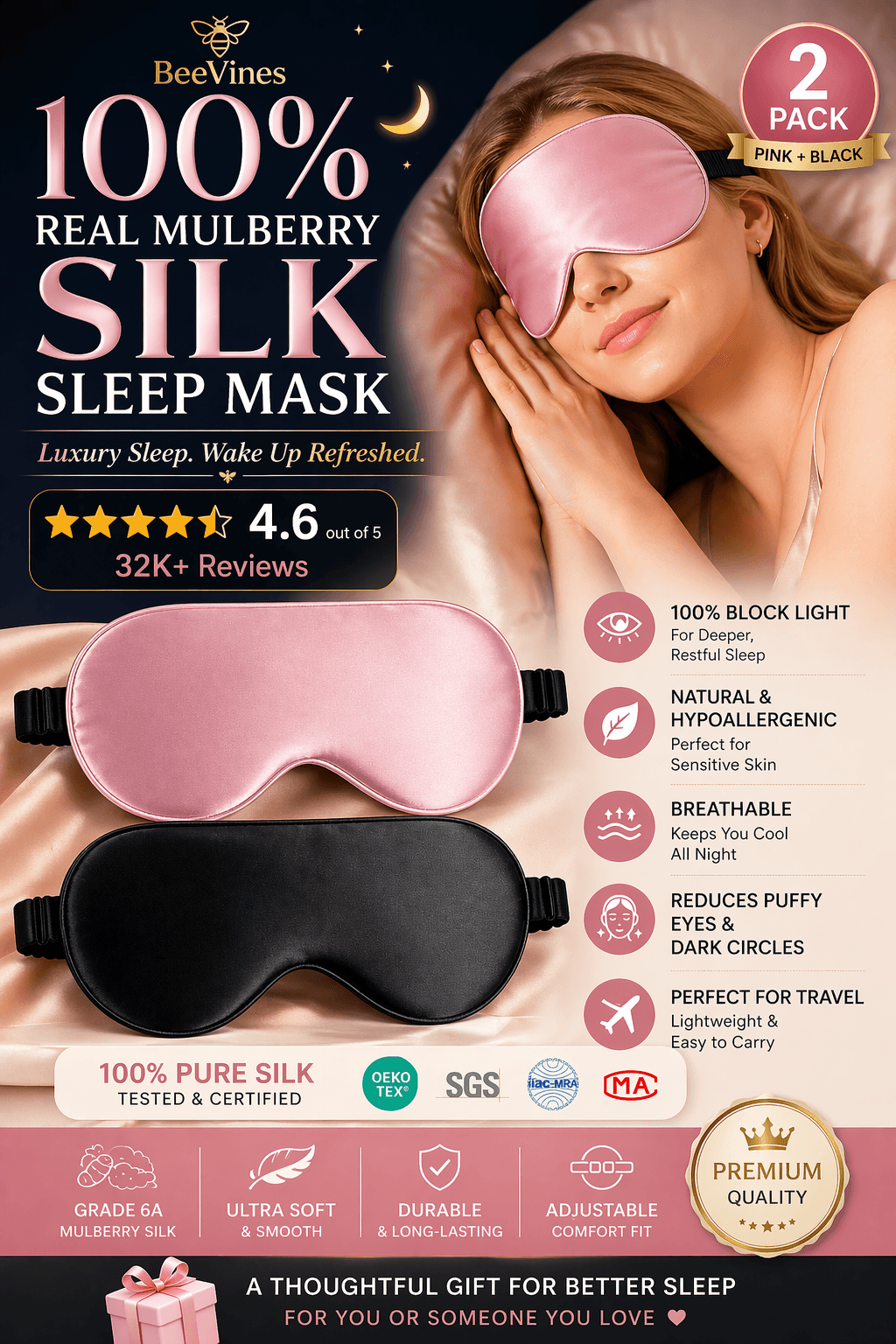 Champagne silk sleep mask on linen bedding