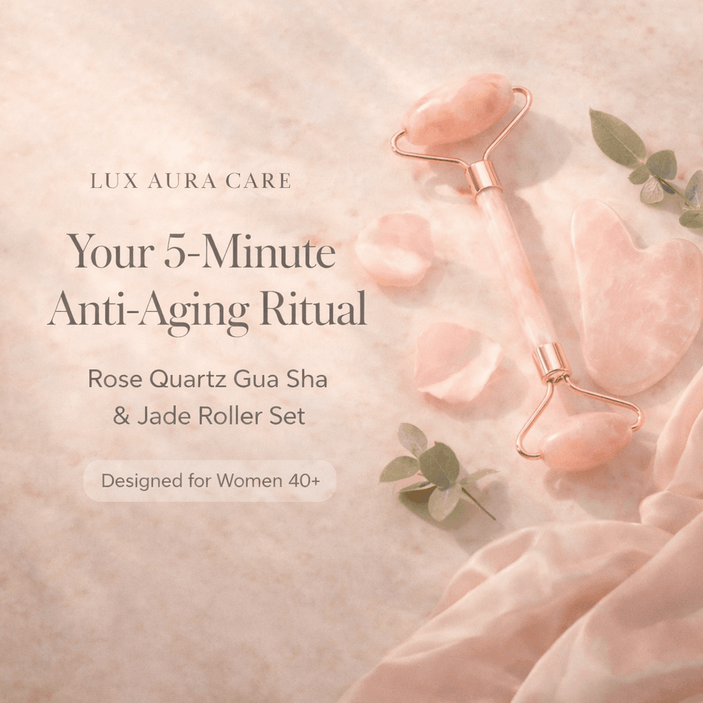 Handcrafted natural Rose Quartz Gua Sha and Jade Roller set on a soft pastel background