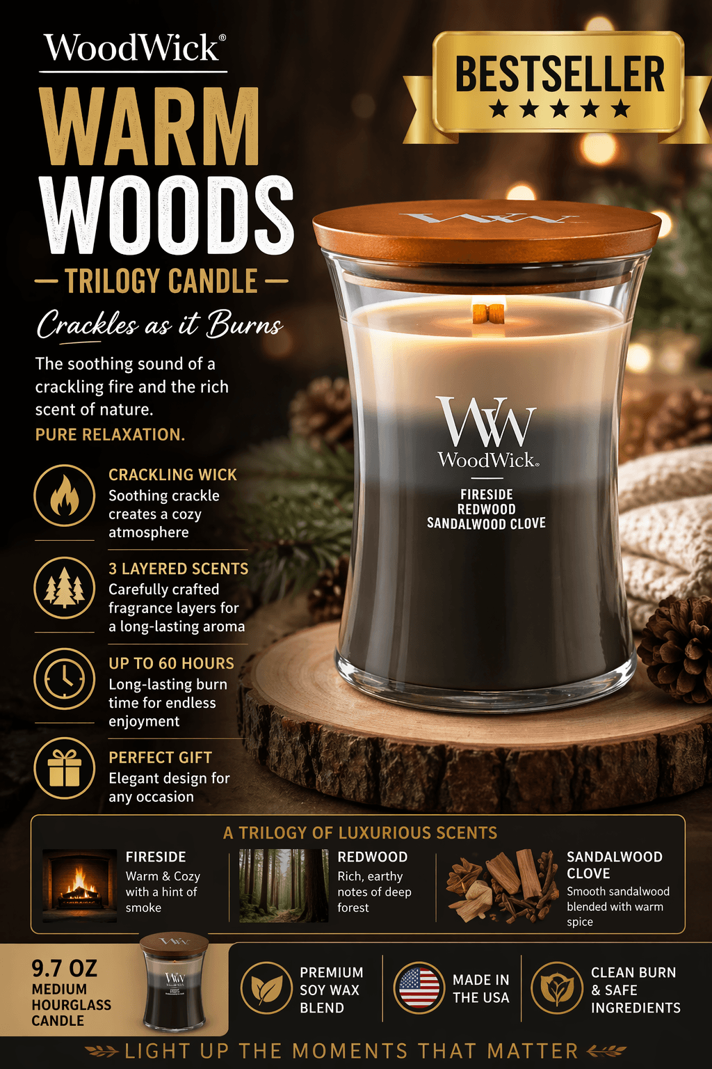 Three elegant candles with warm glow