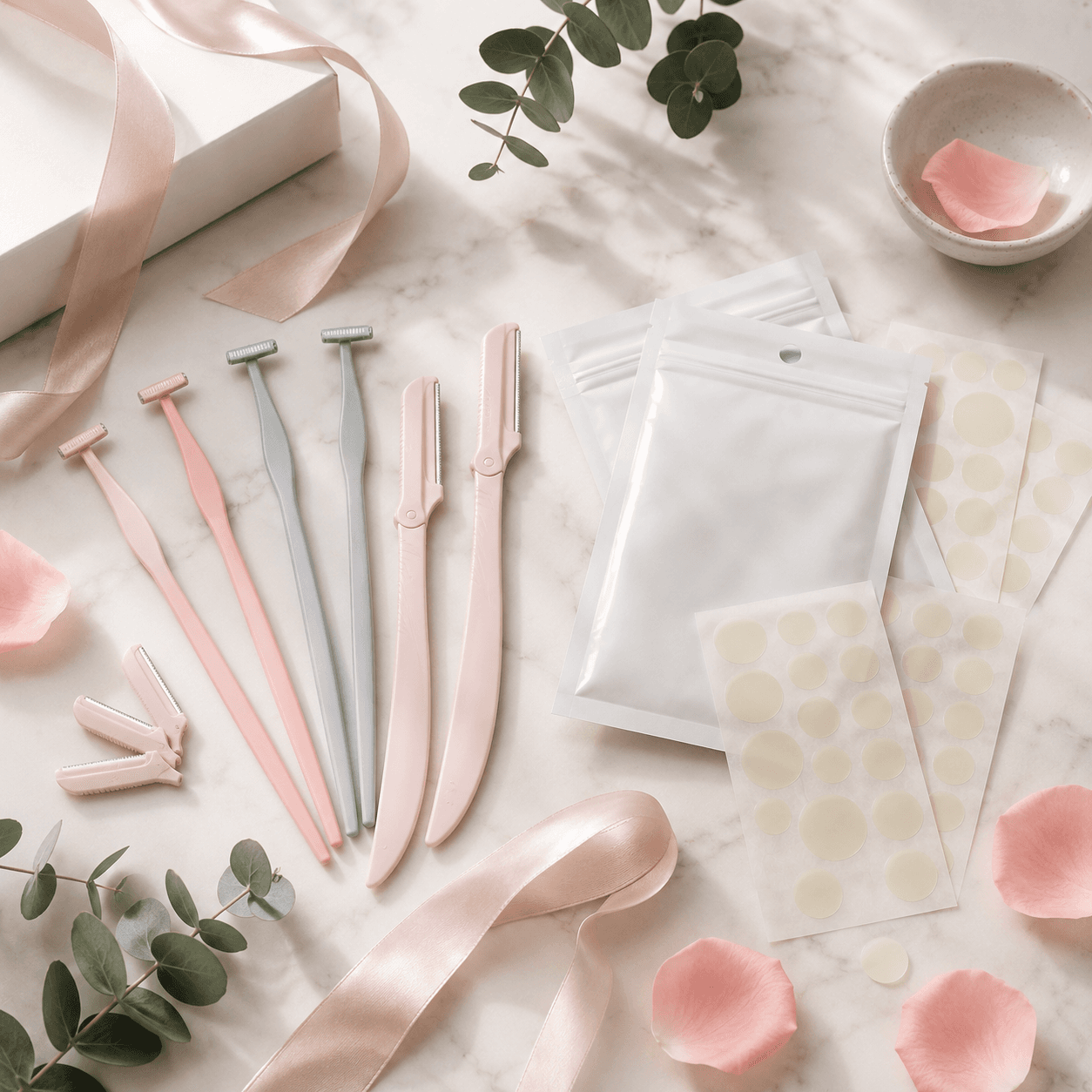 Flat lay of premium skincare products on white background