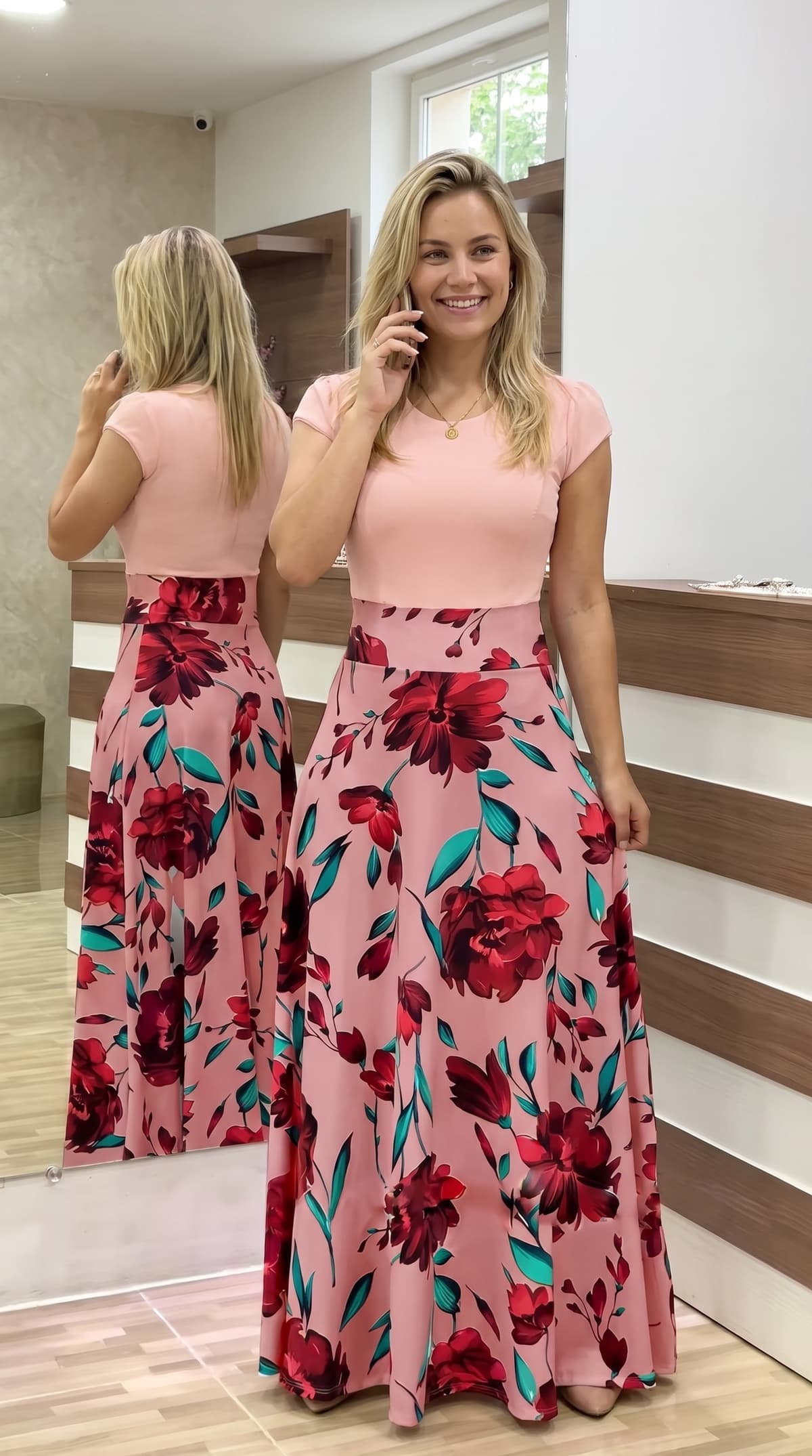 Blush pink floral maxi dress with burgundy flowers and short sleeves