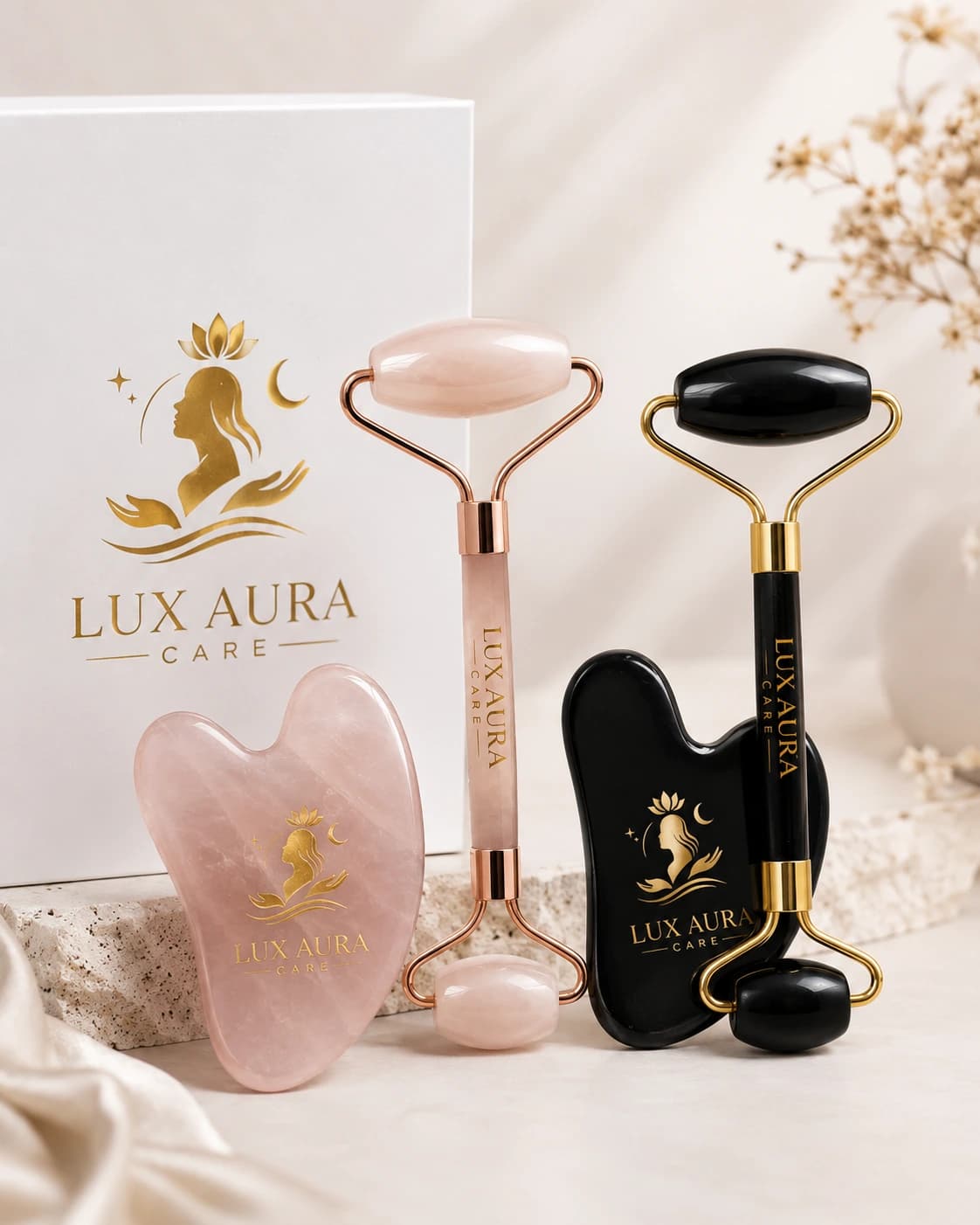 Lux Aura Care face roller and gua sha sets in black stone and rose quartz