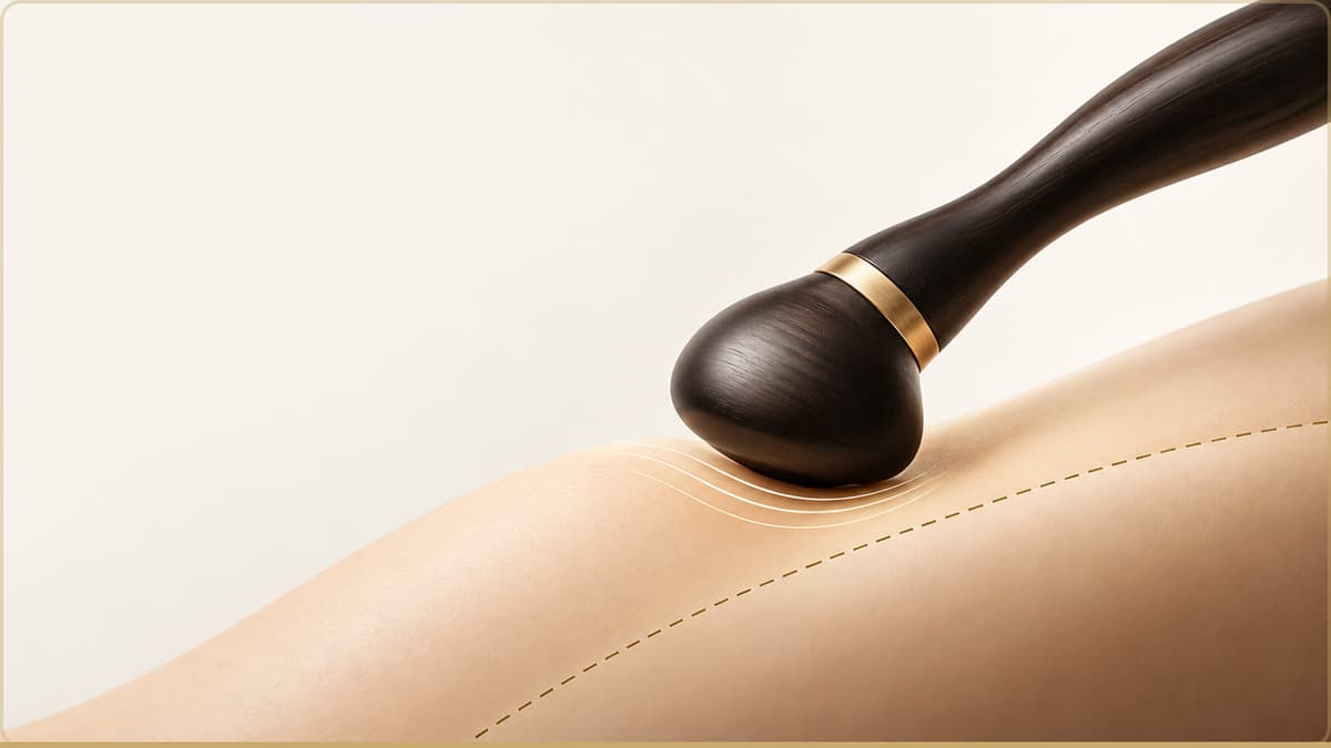 A person gently using a handheld massage tool on their arm at home.