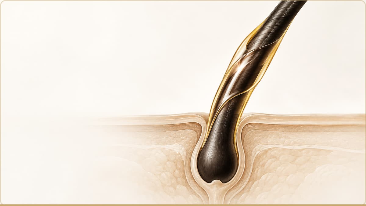 A small bottle of castor oil beside a strand of hair, illustrating the difference between cosmetic shine and proven hair growth.