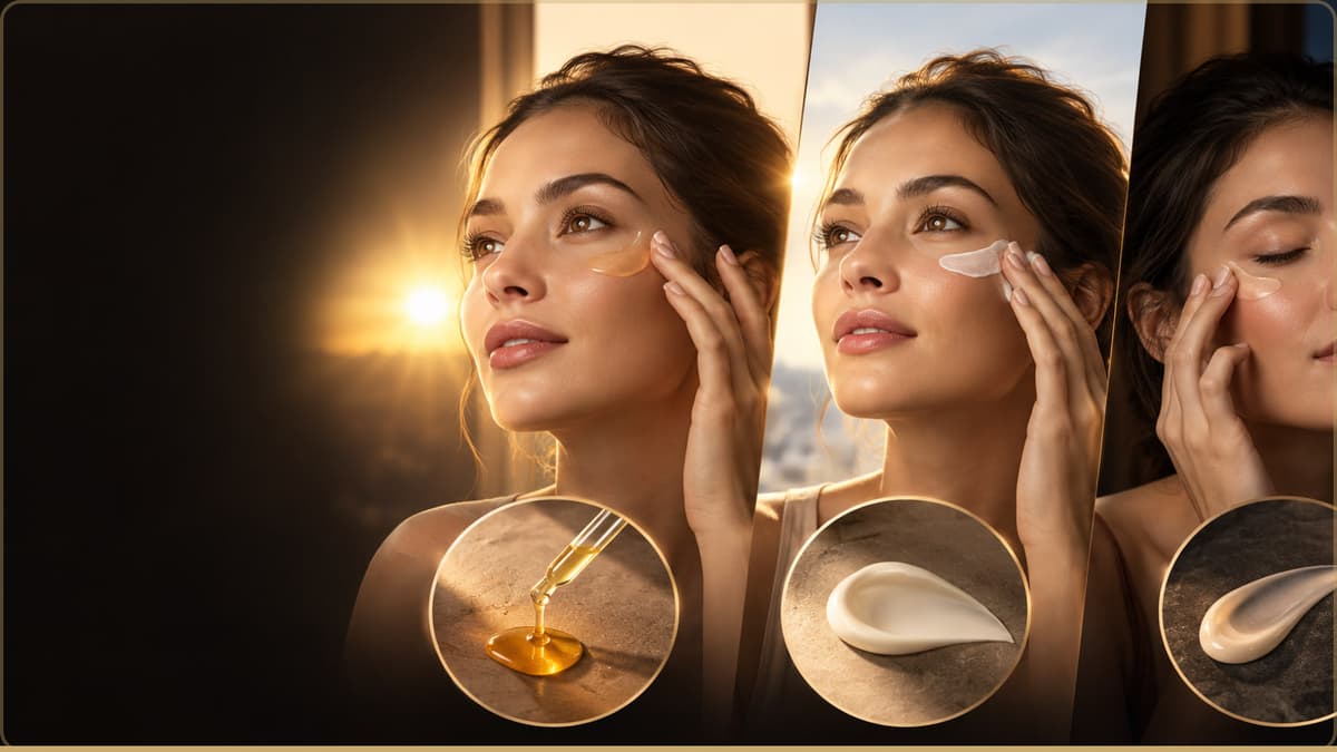 A flat lay of skincare products including a vitamin C serum, retinol serum, and gold eye patches on a marble surface.