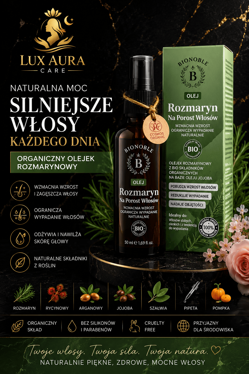 BIONOBLE Organiczny Olejek Rozmarynowy jako polski odpowiednik rozmarynowego olejku do wlosow